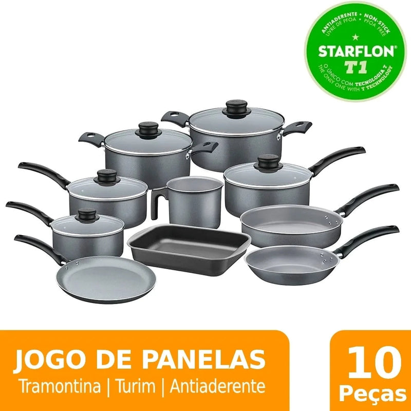Jogo de Panelas Tramontina Turim Antiaderente Grafite - 10 Peças